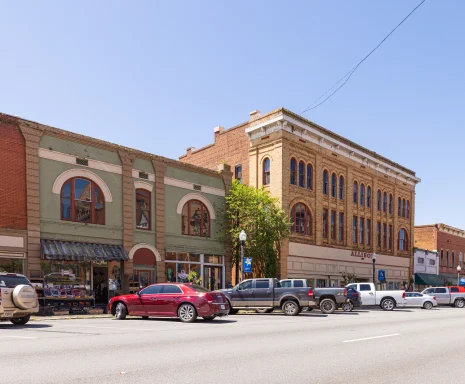 The old business district on Lamar Street in Americus, Georgia: Cheap car insurance in The Peach State.