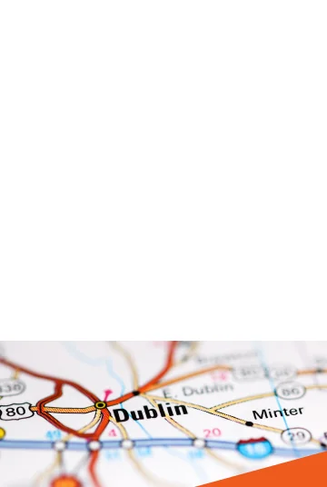 Dublin. Georgia, USA on a geography map: Cheap car insurance in The Peach State.