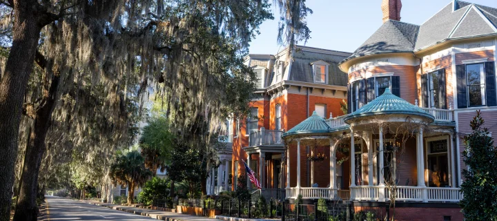 Spanish moss hangs over historic homes in Georgia: Cheap car insurance in Dublin.