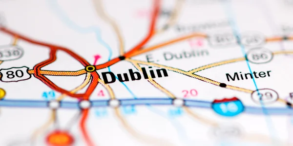 Dublin. Georgia, USA on a geography map: Cheap car insurance in The Peach State.